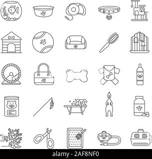 Haustiere liefert lineare Symbole gesetzt. Tiere waren. Haustiere Lebensmittel, Spielzeug, Zubehör, Häuser. Thin Line Kontur Symbole. Isolierte vektor Kontur illus Stock Vektor