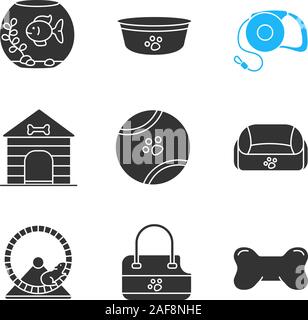 Haustiere liefert Glyphe Symbole gesetzt. Aquarium, Hund Schüssel, Haustiere führen, Spielzeug, Ball, Hundehütte, Tier Bett, kauen Knochen, Spediteur, Hamsterrad. Silhouette Symbole. V Stock Vektor