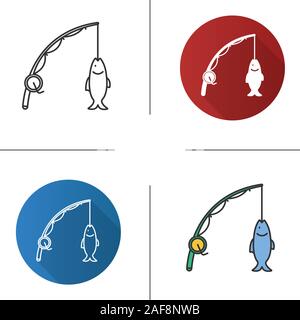 Die Spinnerei Stange mit Fisch fangen Symbole festlegen. Flache Bauweise, linear, Schwarz und Farbe. Angelausrüstung. Isolierte Vektorgrafiken Stock Vektor