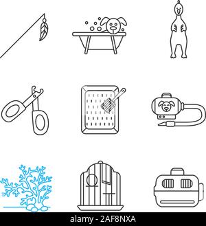 Haustiere liefert lineare Symbole gesetzt. Feder Spielzeug, Pflege, Gummihuhn, Nagelknipser, Katzenklo, Hoover, Algen, Vogelkäfig, Träger. Dünne Linie contou Stock Vektor