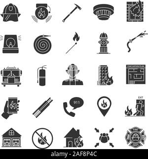 Die Brandbekämpfung Glyphe Symbole gesetzt. Feuerwehrhaus Ausrüstung. Silhouette Symbole. Vektor isoliert Abbildung Stock Vektor