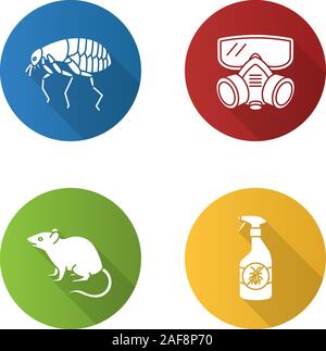 Schädlingsbekämpfung flache Bauweise lange Schatten Glyphe Symbole gesetzt. Insekten Repellent, Flea, Atemschutz, Nagetier. Vektor silhouette Abbildung Stock Vektor