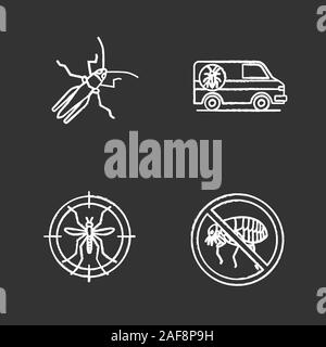 Schädlingsbekämpfung chalk Symbole gesetzt. Grashüpfer, der exterminator Auto, Target, stop Flöhe. Isolierte vektor Tafel Abbildungen Stock Vektor