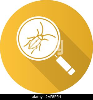 Kakerlake Suche flache Bauweise lange Schatten glyph Icon. Schädlingsbekämpfung Service. Lupe mit Roach. Vektor silhouette Abbildung Stock Vektor