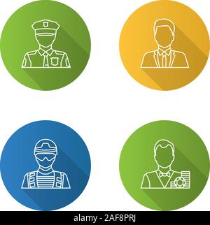 Berufe Flachbild lineare lange Schatten Symbole gesetzt. Berufe. Polizist, Soldat, Croupier, Büroangestellte. Vektor Kontur Abbildung Stock Vektor