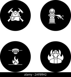 Die Brandbekämpfung Glyphe Symbole gesetzt. Hydranten, Rauchmelder, Feuerwehr, Feuerwehrmann, der Malteser. Vektor weisse Silhouetten Abbildungen in Schwarz circl Stock Vektor