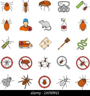 Schädlingsbekämpfung farbige Symbole gesetzt. Ausrottung. Schädlichen Tieren und Insekten. Isolierte Vektorgrafiken Stock Vektor