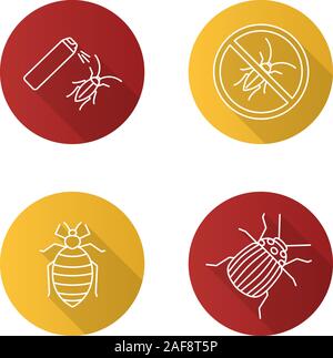 Control Pest Flachbild lineare lange Schatten Symbole gesetzt. Colorado Käfer, Insekten, Kakerlaken Köder, stop Kakerlaken. Vektor Kontur Abbildung Stock Vektor