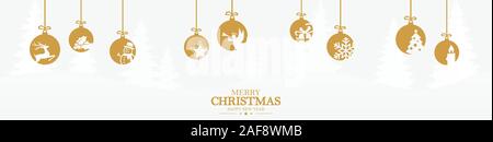 Hängende Kugeln gefärbt Gold mit verschiedenen abstrakten Symbole für Weihnachten und Winter Konzepte mit Hellblau Tanne Hintergrund Stock Vektor