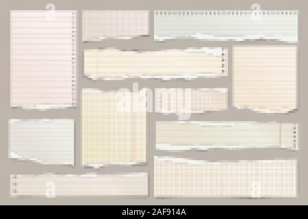 Farbige zerrissenen Papierstreifen Sammlung gefüttert. Realistische Papierstückchen mit Gerissene Kanten. Haftnotizen, Fetzen des Notebook Seiten. Vector Illustration. Stock Vektor