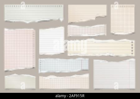 Farbige zerrissenen Papierstreifen Sammlung gefüttert. Realistische Papierstückchen mit Gerissene Kanten. Haftnotizen, Fetzen des Notebook Seiten. Vector Illustration. Stock Vektor