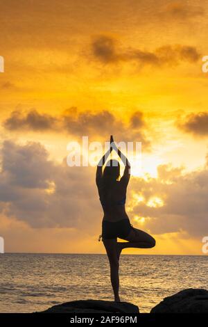 Eine junge Frau in einem Yoga Asana Schuß gegen den Ozean und einem goldenen Sunscape Stockfoto