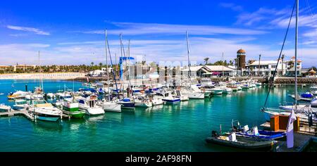 Schöne Caleta de Fuste Strand, Panoramaaussicht, Insel Fuerteventura, Spanien. Stockfoto