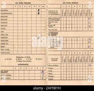 Ein erstklässler Report Card, die Noten und die Teilnahme und andere persönliche Qualitäten von 1958. Dies ist eine hohe Auflösung das Detail Scan angezeigt. Stockfoto