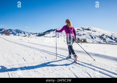 Eine Frau Langlaufen auf den Loipen in der Nähe von Sun Mountain Lodge in der Methow Valley, Washington State, USA. Stockfoto