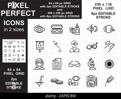 Optometrie Pixel Perfect Icon mit Sehtest und Brillen Konzept Konzept in 2 Größen 64x64 px und 256x256 px Vektor einrichten Stock Vektor