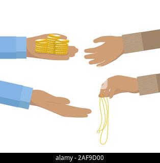 Pfandleiher Hand, die Haufen von Münzen und auf einen Person verpfändung Schmuck flache Icon Design Stock Vektor