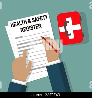 Gesundheit und Sicherheit Registrieren Unternehmen Hand schreibt von Erste Hilfe Kit-Vector gruppiert und leicht zu bearbeiten. Stock Vektor