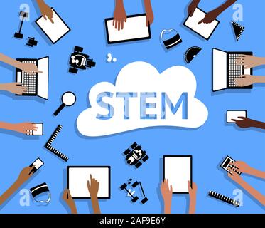 Schaft Wissenschaft Technologie Elektrotechnik Mathematik Gerät Tabletten Cloud Roboter und Hände gruppiert und Layered Stock Vektor