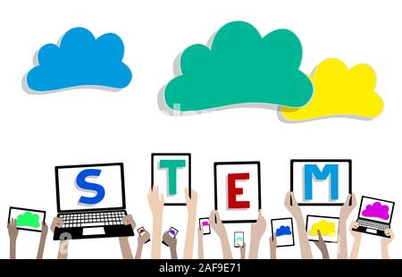 Schaft Wissenschaft Technologie Elektrotechnik Mathematik Gerät Tabletten Cloud und Hände gruppiert und Layered Stock Vektor