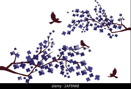 Vector Illustration von Cherry Blossom Zweige mit Vögeln. Stock Vektor