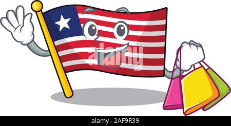 Happy Face Flagge liberia Blättern Maskottchen Stil winken und Holding Shopping Bag Stock Vektor
