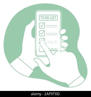 Vector Illustration mit Hand hält Smartphone und Noten abgeschlossenen Aufgaben in die Liste von dem, was in der Anwendung auf dem Telefon zu tun. Die Überprüfung auf, um Liste zu tun. Bu Stock Vektor