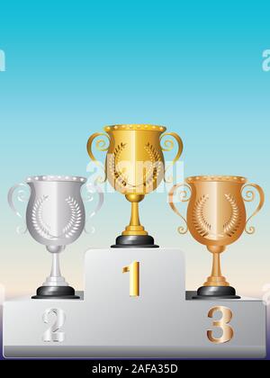Gold, Silber und Bronze Trophy Cups auf weißen Podium. Stock Vektor