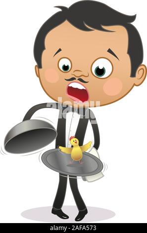 Cartoon erstaunt Maitre finden ein Huhn in das Fach unter der Kuppel. Auf weiß isoliert. Stock Vektor