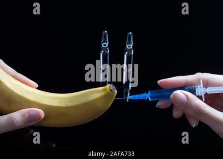 Wissenschaftler Testen von GVO-Pflanzen im Labor auf eine Banane - Biotechnologie und GVO-Konzept. GVO Gentechnisch veraenderte Lebensmittel. Hände halten eine Tomate und eine syring Stockfoto