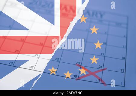 Brexit Konzept Hintergrund mit zerrissenen britischen Union Jack und Europäische Union Flaggen über Blatt Monatskalender mit Ausgang Termin Januar 2-in-1 Stockfoto