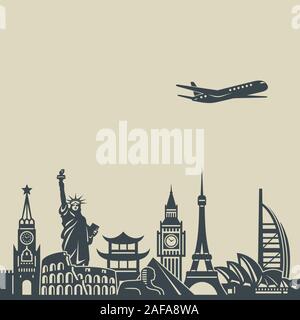 Dunkle Konturen der Sehenswürdigkeiten in verschiedenen Ländern. Zusammensetzung auf einem hellen Hintergrund. Stock Vektor