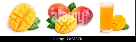 Mango Obst Hälfte mit Blättern und Schichten auf weißem Hintergrund schließen isoliert. Eingestellt oder Sammlung Stockfoto