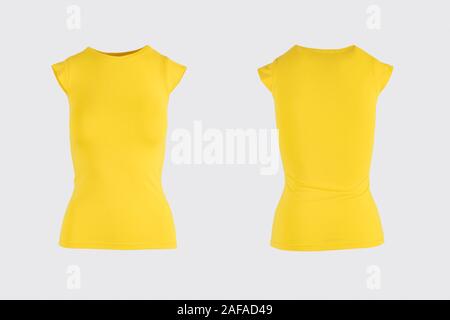Frauen Leere gelbe Short Sleeve T-Shirt, vorne und hinten Vorlage anzeigen. Blanko shirt Mock up für Print Design. Auf weiß Isoliert Stockfoto