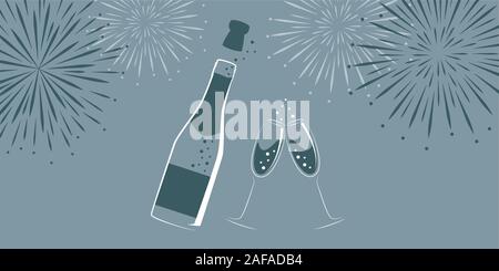 Champagner Flasche und Gläser mit neuen Jahr Feuerwerk Vektor-illustration EPS 10. Stock Vektor