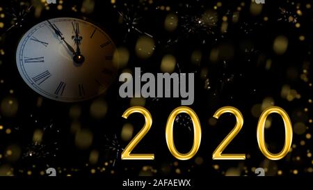 Frohes Neues Jahr 2020. Feuerwerk und fast zwölf Uhr. Stockfoto
