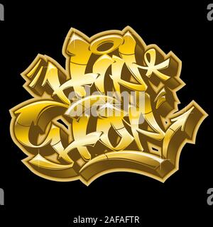 Hip-Hop Wort in lesbarer Graffiti style in goldenen Farben auf schwarzem Hintergrund isoliert. Stock Vektor