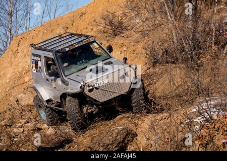 Jeep Suzuki Jimny überwindet Hindernisse in den Wald Stockfoto