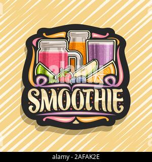 Vektor logo für Fruit Smoothie, schwarz dekorative Abzeichen mit der Abbildung von saftigen Früchten Zutaten, Flasche und Mason jar mit hausgemachten blended Flüssigkeit Stock Vektor