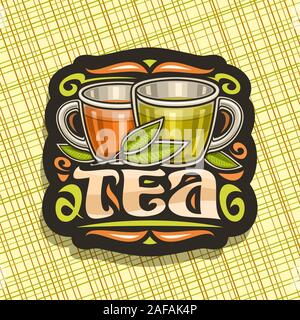 Vektor logo für Tee, dunkle dekorative Abzeichen mit der Abbildung von 2 Glasbecher mit gelben und braunen Flüssigkeit, Zweig von Kaffee und gedeiht, Design signboa Stock Vektor