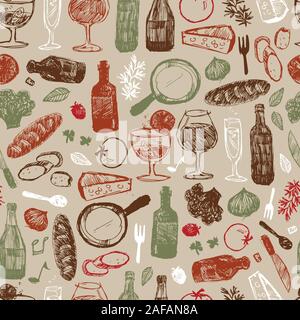 Vektor hellbraun Bar Italia Skizze Abbildung: nahtlose Muster mit Flaschen, Gläser, Brot, Tomaten und Käse. Perfekt für Fabric Stock Vektor