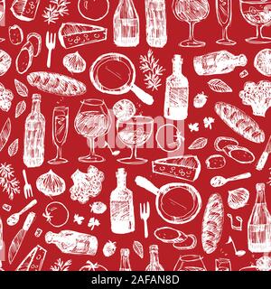 Vektor monochrome Red Bar Italia Skizze Abbildung: nahtlose Muster mit Flaschen, Gläser, Brot, Tomaten und Käse. Perfekt für Fabric Stock Vektor