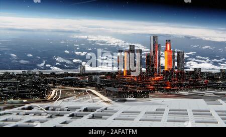 Futuristische Glas Stadt mit leuchtenden Fenstern. Leuchtende Straßen und helle Blitze zwischen den Häusern. Sternenhimmel atmosphärischen Himmel im Hintergrund. 3D-illustrati Stockfoto