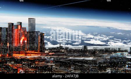 Futuristische Glas Stadt mit leuchtenden Fenstern. Leuchtende Straßen und helle Blitze zwischen den Häusern. Sternenhimmel atmosphärischen Himmel im Hintergrund. 3D-illustrati Stockfoto