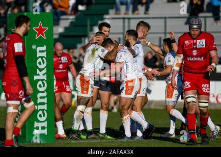 Treviso, Italien. 14 Dez, 2019. Glück für latry von Monty ioane (Treviso) bei Benetton Treviso vs Lyon, Rugby Heineken Champions Cup in Treviso, Italien, 14. Dezember 2019 - LPS/Ettore Griffoni Credit: Ettore Griffoni/LPS/ZUMA Draht/Alamy leben Nachrichten Stockfoto