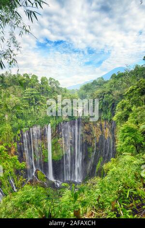 (High Dynamic Range Image) atemberaubenden Luftaufnahme des Tumpak Sewu Wasserfälle auch als Amir Chupan Sewu mit Wolken aus dem Canyon bekannt. Stockfoto