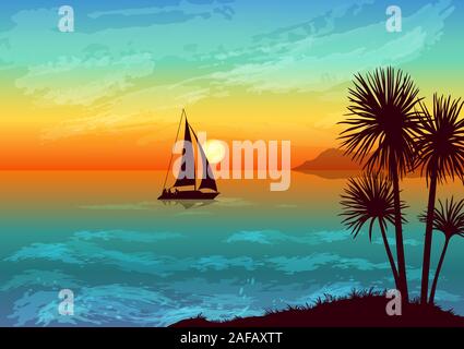 Sommer exotische Landschaft, tropischen Strand mit Palmen Silhouetten, die Sonne am Himmel und Schiff im Ozean. Vektor Stock Vektor