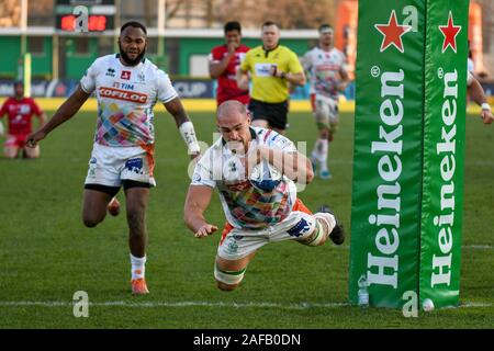 Treviso, Italien. 14. Dez, 2019. versuchen Sie von Marco lazzaroni (Treviso) bei Benetton Treviso vs Lyon, Rugby Heineken Champions Cup in Treviso, Italien, 14. Dezember 2019 - LPS/Ettore Griffoni Credit: Ettore Griffoni/LPS/ZUMA Draht/Alamy leben Nachrichten Stockfoto