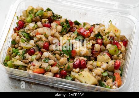 Instant Nehmen gesunde Salate mit Weizen, Linsen, Granatapfel Samen, Essiggurken und Birne Schichten in Kunststoffbox/Package Container. Ökologische Lebensmittel. Stockfoto