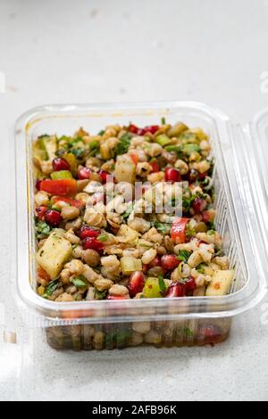 Instant Nehmen gesunde Salate mit Weizen, Linsen, Granatapfel Samen, Essiggurken und Birne Schichten in Kunststoffbox/Package Container. Ökologische Lebensmittel. Stockfoto